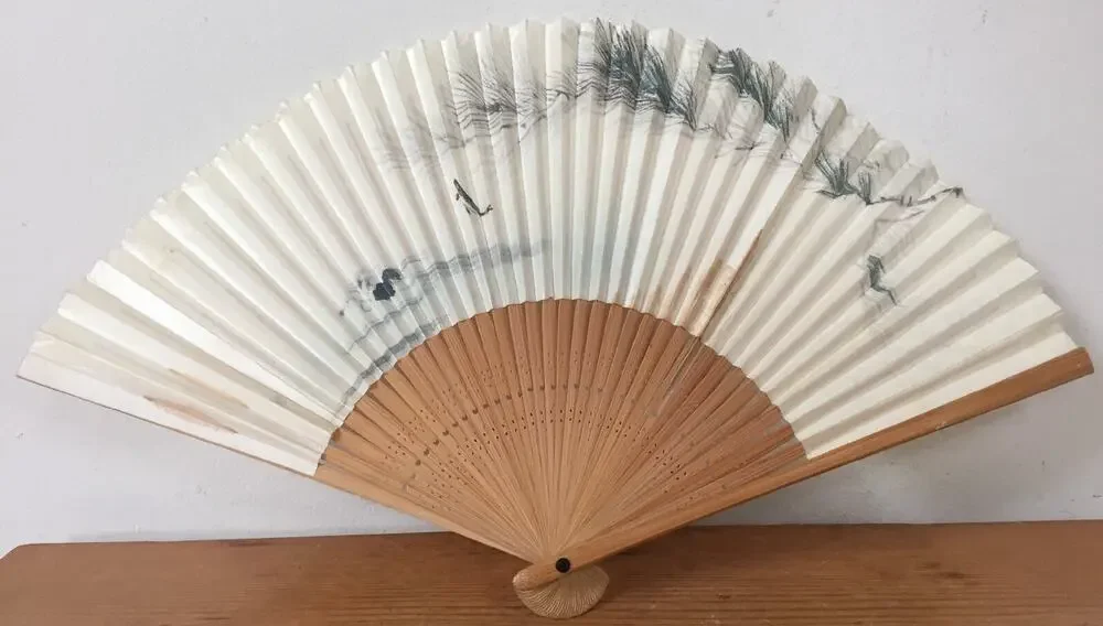 Vintage Japanese Chinese Sensu Painted Paper Wood Fan Signed Pine Tree Clouds